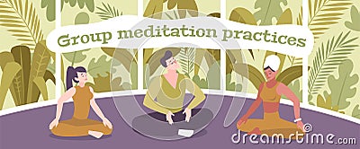 Group Meditation Practices Flat Composition Cartoon Illustration