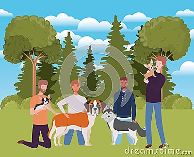Group of men with cute dogs mascots in the camp Vector Illustration