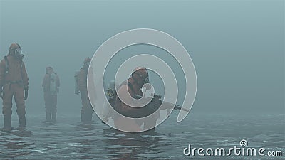 Group of Men in Hazmat Suits Exploring in Water Wasteland in a Foggy Overcast Stock Photo