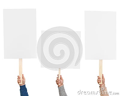 Group of men holding blank protest signs on white background, closeup Stock Photo