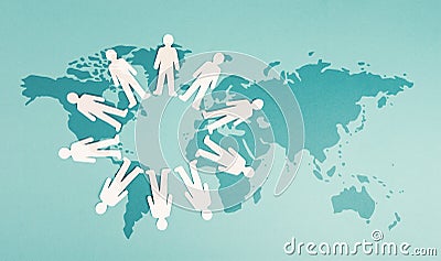 Group of men staning in a circle, on the world map, global communication, network and business, globalisation and friendship Stock Photo