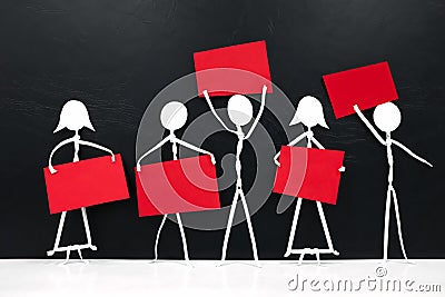 Group of men and women stick figure holding red blank placards in black background. Activism, protest, demonstration concept. Stock Photo