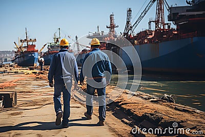 A group of men working on a dock next to a large ship in ship repair factory. Back side view. Ship building Stock Photo