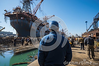 A group of men working on a dock next to a large ship in ship repair factory. Back side view. Ship building Stock Photo