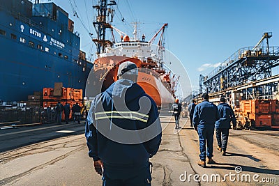 A group of men working on a dock next to a large ship in ship repair factory. Back side view. Ship building Stock Photo