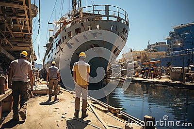 A group of men working on a dock next to a large ship in ship repair factory. Back side view. Ship building Stock Photo