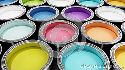 Group of metal paint cans with vibrant colors. 3D illustration Cartoon Illustration