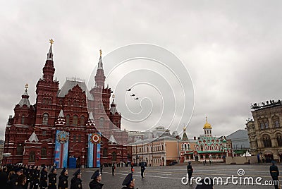 A group of Mi-35 M and Mi-24 attack combat helicopters in the sky over Moscow`s Red Square during the Victory Air Parade Editorial Stock Photo