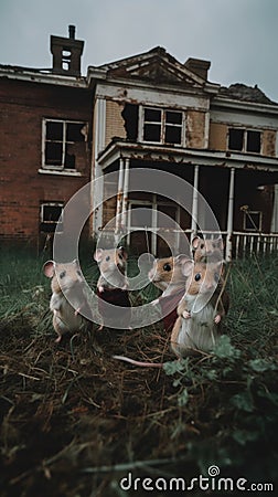 A group of mice that are standing in the grass. Generative AI image. Stock Photo