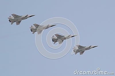 The group of MiG-31BM is a Russian supersonic high-altitude all-weather long-range interceptor fighter Editorial Stock Photo