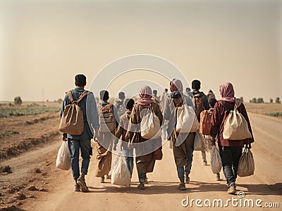 A group of migrants with children walk along a dusty road. Stock Photo