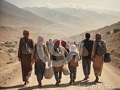 A group of migrants with children walk along a dusty road. Stock Photo