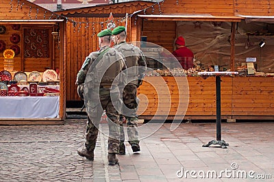 Group of military patrolling in christmas market after the terrorist attack in Strasbourg Editorial Stock Photo