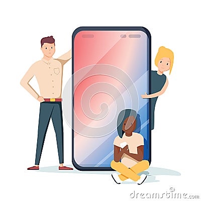 Group of millennial friends sitting and standing near by the mobile phone. Social media concept. Generation z. Cartoon Illustration