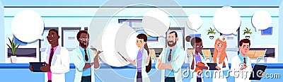 Group Of Mix Race Doctors Standing Over Modern Hospital Or Clinic Interior Background Vector Illustration