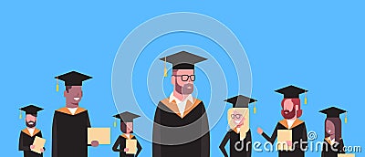 Group Of Mix Race Students In Graduation Cap And Gown Hold Diploma Horizontal Banner Vector Illustration