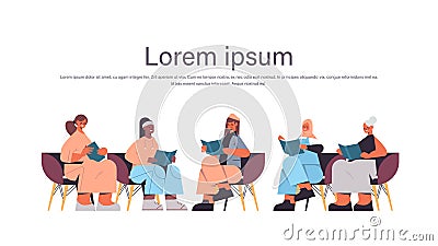 Group of mix race women sitting together and reading books during meeting in book club Vector Illustration