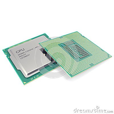 Group modern central computer processors CPU on white background. 3d illustration Cartoon Illustration