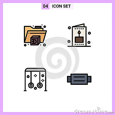 Group of 4 Modern Filledline Flat Colors Set for printer, sports, holiday, child, accessories Vector Illustration