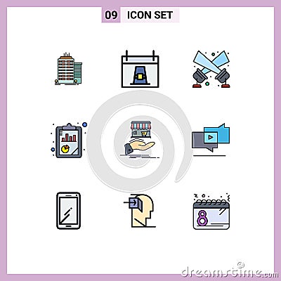 Group of 9 Modern Filledline Flat Colors Set for shop, seo, pilgrim, report, disco light Vector Illustration