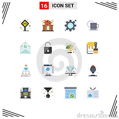 Group of 16 Modern Flat Colors Set for email, service, people, hotel, tea Vector Illustration