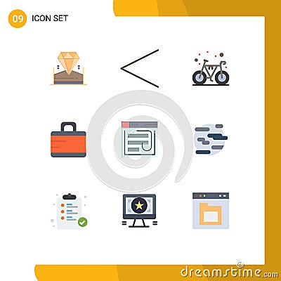 Group of 9 Modern Flat Colors Set for password, hack, bike, email, briefcase Vector Illustration