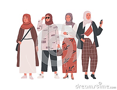 Group of modern Muslim woman wearing stylish and trendy casual clothes and hijab. Fashion Arab female characters in Vector Illustration