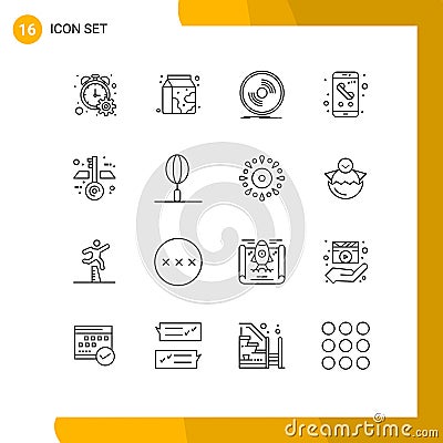 Group of 16 Modern Outlines Set for calling, mobile, disc, call, vinyl Vector Illustration