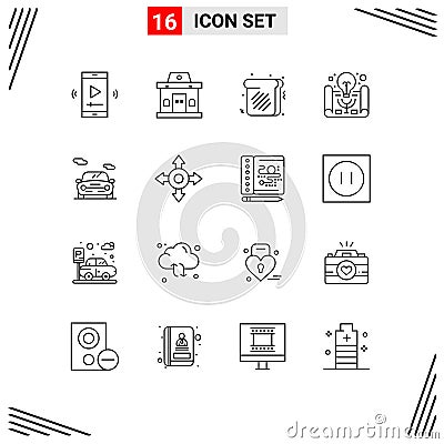 Group of 16 Modern Outlines Set for car, project management, urban, project idea, active learning Vector Illustration