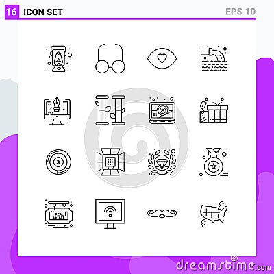 16 Creative Icons Modern Signs and Symbols of comuter, pen, face, sewage, pollution Vector Illustration