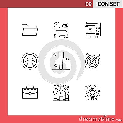 Group of 9 Modern Outlines Set for darts, kitchen, coffee, fork, education Vector Illustration