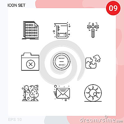 Group of 9 Modern Outlines Set for delete, cancel, setting, folder, delete Vector Illustration