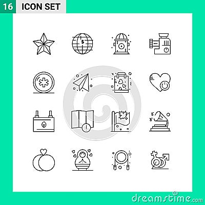 Group of 16 Modern Outlines Set for healthcare, ambulance, city, mix, kitchen Vector Illustration