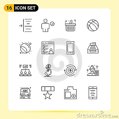 Group of 16 Modern Outlines Set for printer, labels, cart, sport, basketball Vector Illustration