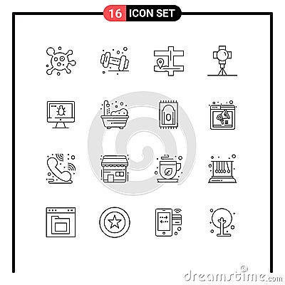 Group of 16 Modern Outlines Set for screen, monitor, navigation, movies, light Vector Illustration