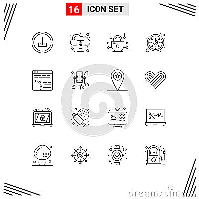 Group of 16 Modern Outlines Set for setting, code, internet, api, time Vector Illustration