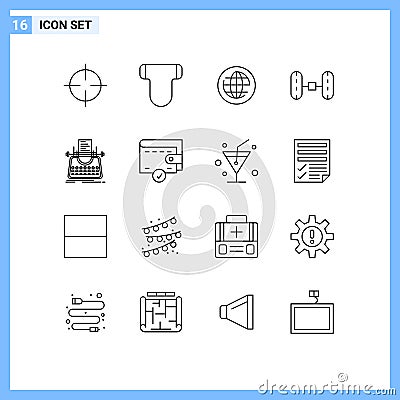 Group of 16 Modern Outlines Set for story, article, earth, car, wheel alignment Vector Illustration