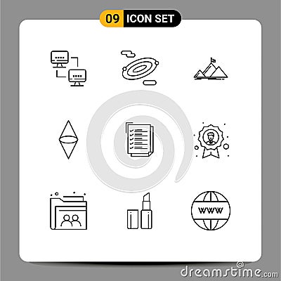 Group of 9 Modern Outlines Set for work task, check list, mountain, money, coin Vector Illustration