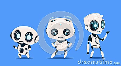 Group Of Modern Robots Isolated On Blue Background Cute Cartoon Character Artificial Intelligence Concept Vector Illustration