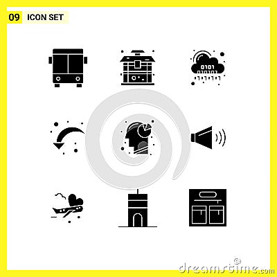 Group of 9 Modern Solid Glyphs Set for analysis, right arrow, binary, reload, server Vector Illustration