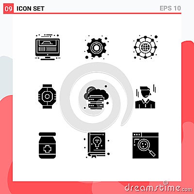 Group of 9 Modern Solid Glyphs Set for cloud, module, labour, component, airlock Vector Illustration