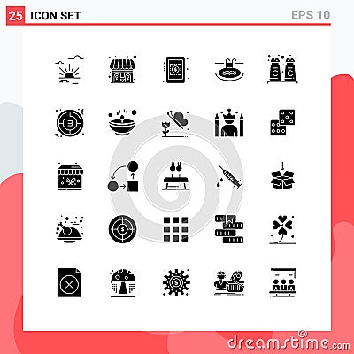 Group of 25 Modern Solid Glyphs Set for countdown, cinnamon coffee, currency rates, cinnamon, hotel Vector Illustration