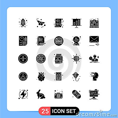Solid Glyph Pack of 25 Universal Symbols of digital, business, heart, presentation, business Vector Illustration
