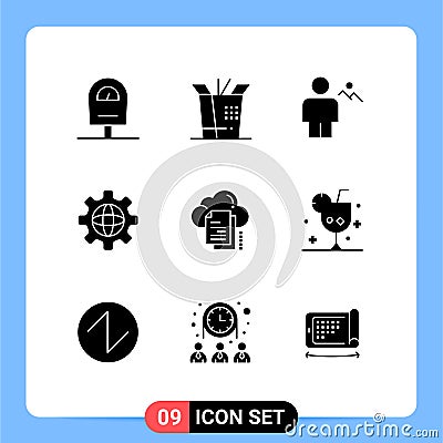 Group of 9 Modern Solid Glyphs Set for document, copy, human, files, world Vector Illustration