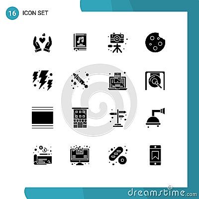 Group of 16 Modern Solid Glyphs Set for food, dinner, video, cookie, hobby Vector Illustration