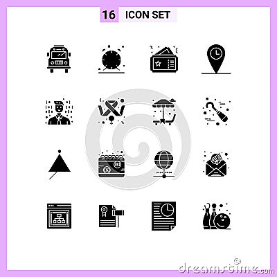 Group of 16 Modern Solid Glyphs Set for programming, development, pass, time, geo Vector Illustration