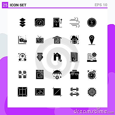 Group of 25 Modern Solid Glyphs Set for seo, messenger, charge, energy, weather Vector Illustration