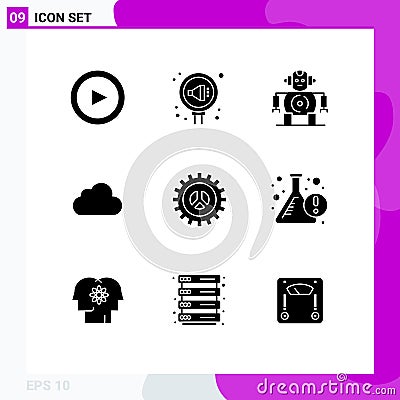 Group of 9 Modern Solid Glyphs Set for settings, options, cnc, cloudy, data Vector Illustration