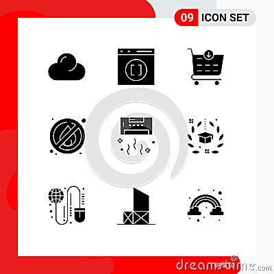 Group of 9 Modern Solid Glyphs Set for technology, cool, checkout, conditioner, camping Vector Illustration