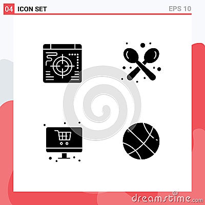 Group of 4 Modern Solid Glyphs Set for web, shopping, coffee, spoon, monitor Vector Illustration